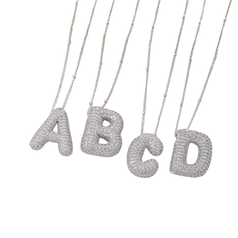 Bubble letter initial necklace set | White Gold