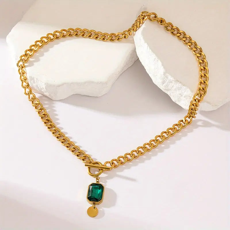 Chunky Chain Emerald Pendant Necklace | Gold