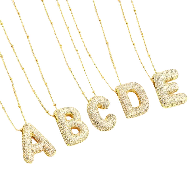 Bubble letter initial necklace set | White Gold