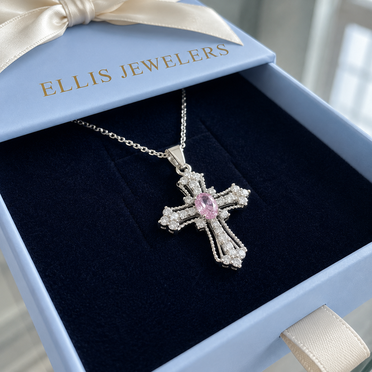 Celestial Pink Cross Necklace | White Gold