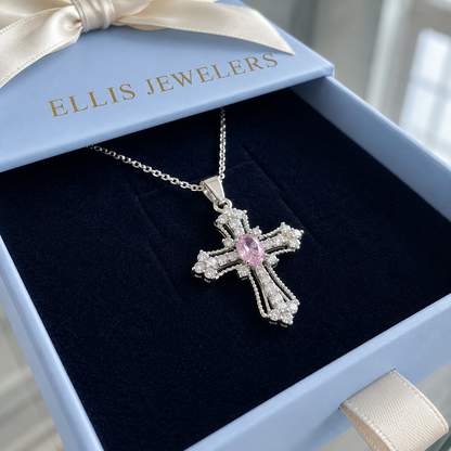 Celestial Pink Cross Necklace | White Gold
