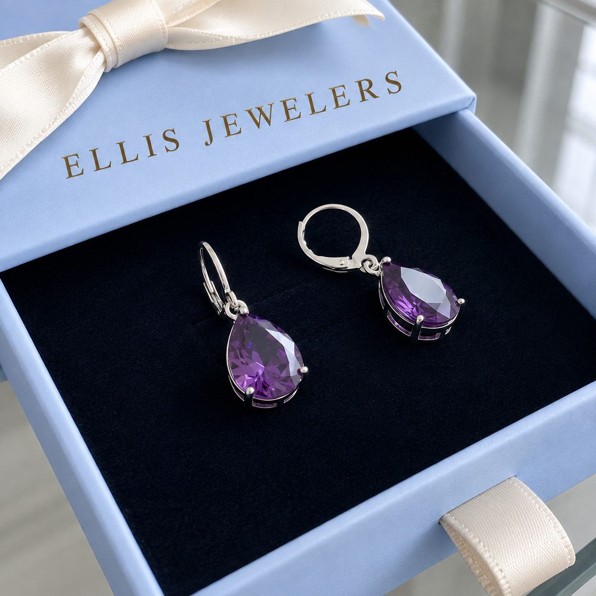 Amethyst Teardrop Earrings | White Gold