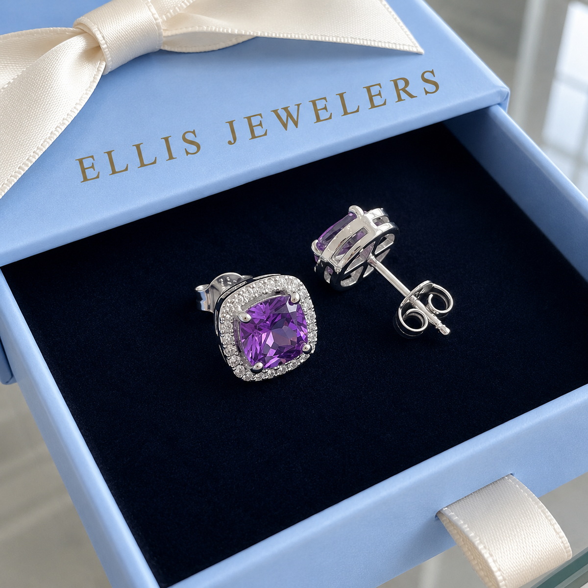 Amethyst Square Pave Studs | White Gold