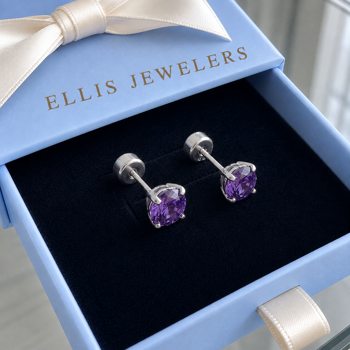 Amethyst Round Studs | White Gold