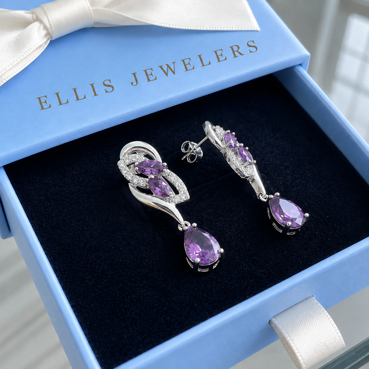 Amethyst Glimmer Drop Earrings | White Gold
