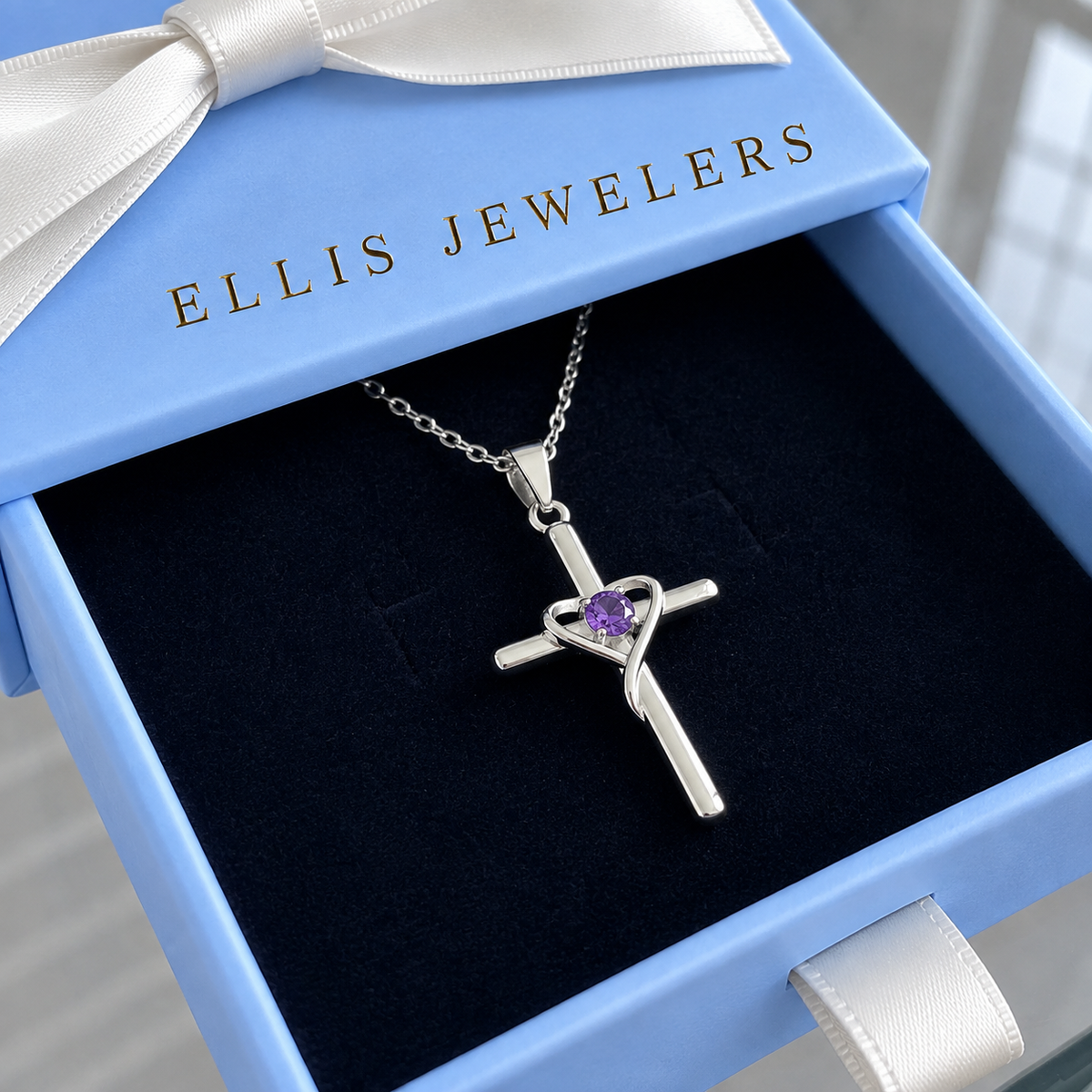 Amethyst Center Cross Necklace | White Gold