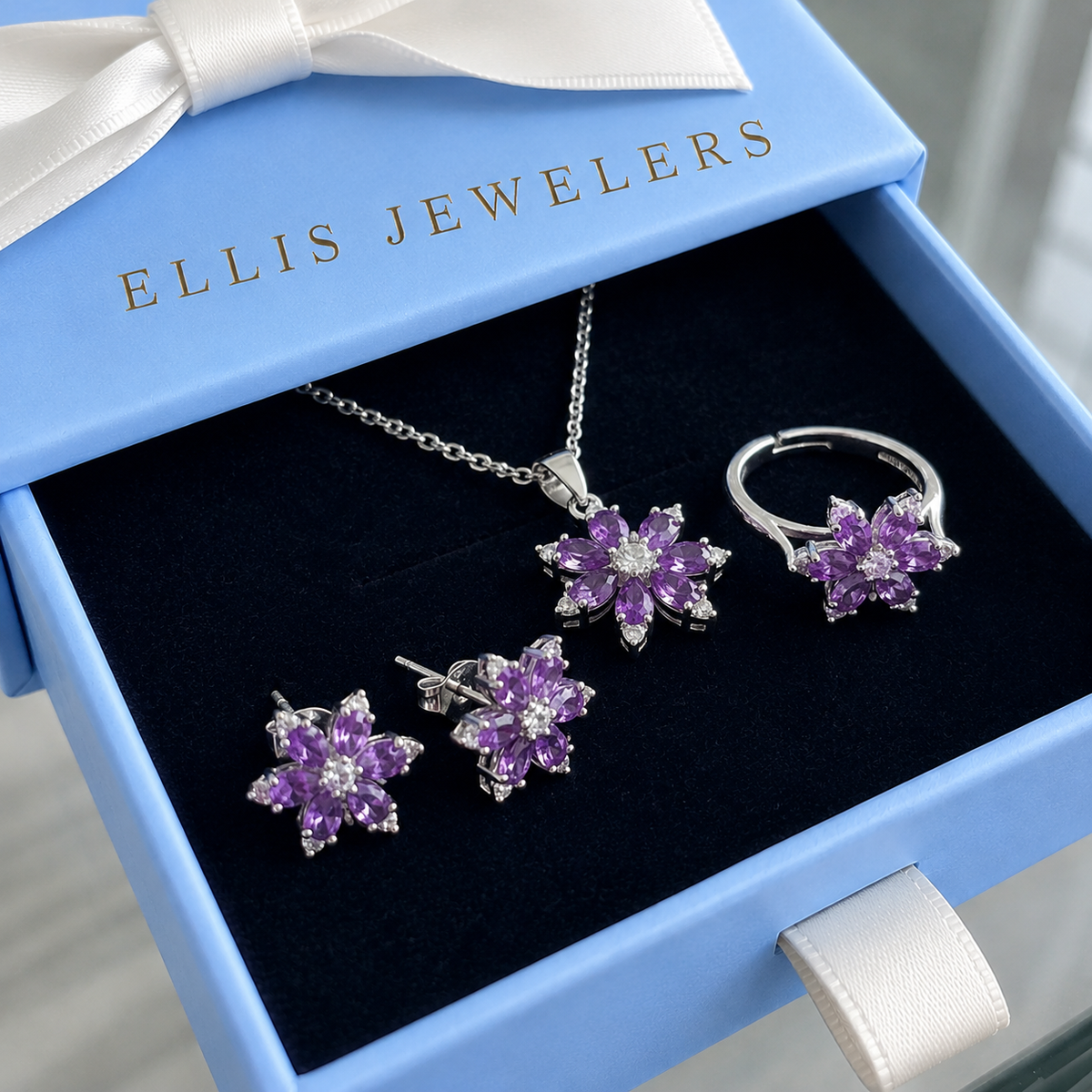 Amethyst Bloom Jewelry Set | White Gold