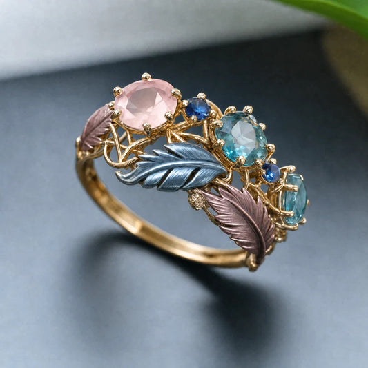 Antique Exotic Feather Crystal Ring | Gold