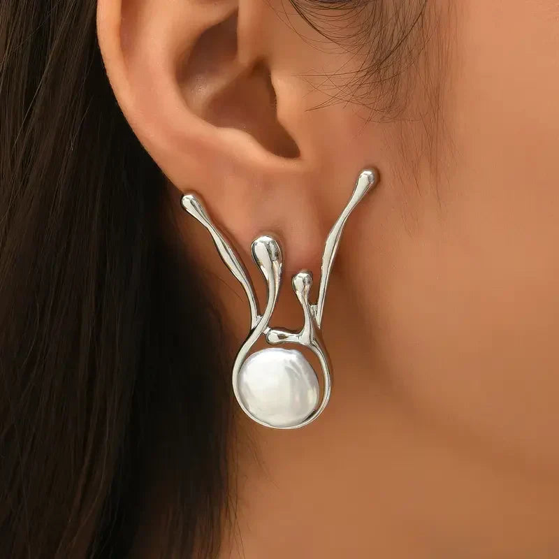 Antique Irregular Silver Pearl Earrings | White Gold